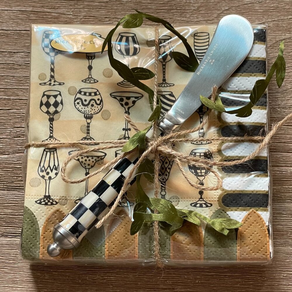 MacKenzie-Childs Napkin & Cheese Spreader Gift Set-NEW- Courtly Hostess Charm - Picture 11 of 11